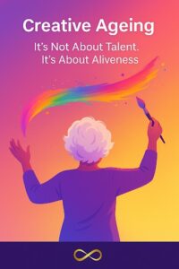 A vibrant graphic with a gradient background transitioning from purple at the top to orange at the bottom. The title "Creative Ageing" is at the top in white, followed by "It's Not About Talent. It's About Aliveness" in smaller white text. The main image features the back of an elderly person with fluffy white hair, wearing a purple top, with their arms raised as if painting. A colorful rainbow brushstroke arches across the upper middle of the image, originating from a paintbrush held in their right hand. At the very bottom, there's a dark purple band with a gold infinity symbol and no text.