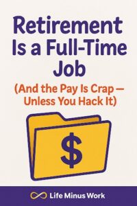 A poster with a cream-colored background and purple text. The title at the top reads "Retirement Is a Full-Time Job" in a bold, rounded font. Below this, in a smaller, orange-colored, slightly italicized font, it says "(And the Pay Is Crap – Unless You Hack It)". Underneath the text is a stylized yellow folder icon with a purple dollar sign on it. At the very bottom, there's a gold infinity symbol followed by the text "Life Minus Work".