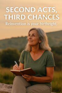 A thoughtful senior woman with long, light grey hair, wearing a green t-shirt and light pants, sits outdoors with a notebook and pen, looking up and to the left with a gentle smile. The background features blurred green hills under a warm, golden sky, suggesting sunset or sunrise. White text overlays the upper portion of the image, reading: "SECOND ACTS, THIRD CHANCES" in large, bold letters, followed by "Reinvention is your birthright."