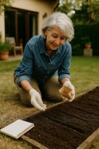 A smiling senior woman with short grey hair, wearing a denim shirt, khaki pants, and gardening gloves, is kneeling beside a raised garden bed. She is carefully planting seeds, holding a small seed packet in one hand and dropping a seed with the other. A notebook with a pen is visible on the grass next to the garden bed. A house and backyard are blurred in the background.