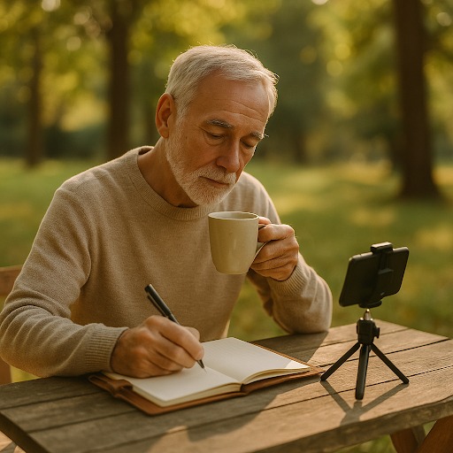 A senior man with grey hair and a beard, wearing a beige sweater, sits at a wooden outdoor table. He is focused on writing in an open notebook with a pen, while holding a mug in his other hand. A smartphone on a tripod is set up next to his notebook, suggesting he might be recording or participating in a virtual meeting. The background is a blurred green park or garden, bathed in warm, soft light.