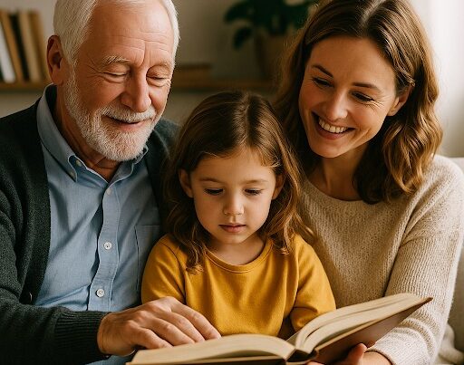A joyful multi-generational trio is sitting closely together, looking at an open book. An elderly man with a white beard and grey cardigan is on the left, a young girl with brown hair is in the center looking intently at the book, and a smiling woman with brown hair is on the right, also looking at the book. All three are smiling, conveying a warm and intimate moment of reading together. A blurred interior background with a plant is visible.