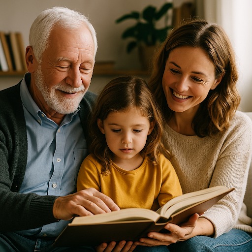 A joyful multi-generational trio is sitting closely together, looking at an open book. An elderly man with a white beard and grey cardigan is on the left, a young girl with brown hair is in the center looking intently at the book, and a smiling woman with brown hair is on the right, also looking at the book. All three are smiling, conveying a warm and intimate moment of reading together. A blurred interior background with a plant is visible.
