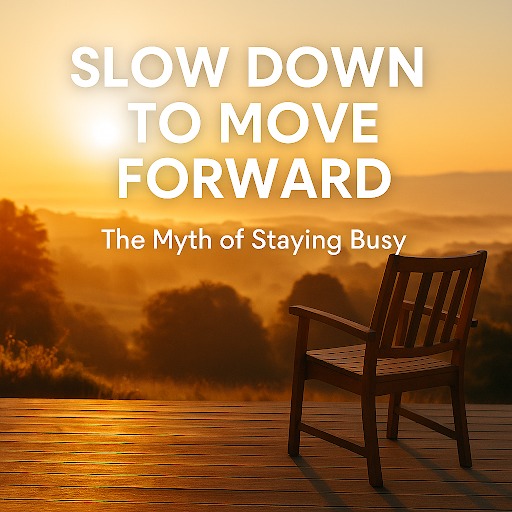 A warm, inviting scene featuring a wooden deck with a single empty wooden chair, facing a serene landscape at sunrise or sunset. The sun glows brightly on the horizon, casting a golden light over rolling hills and trees shrouded in a soft mist. White text overlays the top of the image, reading "SLOW DOWN TO MOVE FORWARD" in large, bold letters, with "The Myth of Staying Busy" in smaller text below it.