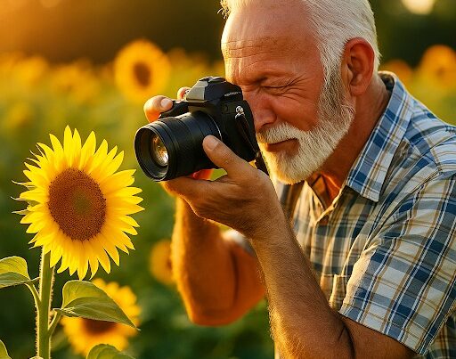 A joyful senior man with white hair and a beard, wearing a plaid shirt, is actively taking a photo of a sunflower with a black camera. He is smiling and has his eye to the viewfinder, completely engaged in the moment, with a field of sunflowers blurred in the background under warm, golden light.