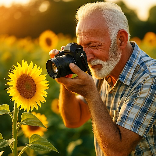 A joyful senior man with white hair and a beard, wearing a plaid shirt, is actively taking a photo of a sunflower with a black camera. He is smiling and has his eye to the viewfinder, completely engaged in the moment, with a field of sunflowers blurred in the background under warm, golden light.
