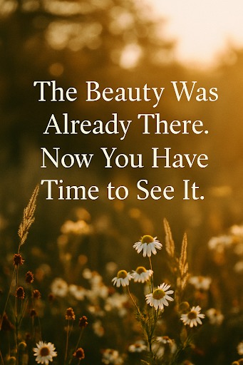 A warm, sunlit close-up of a field of white daisies and other wildflowers, with a golden glow in the blurred background. White text is overlaid on the upper part of the image, reading: "The Beauty Was Already There. Now You Have Time to See It."