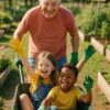 A cheerful elderly man with white hair and a red t-shirt pushes a green wheelbarrow in a garden, in which two young children are sitting. A fair-skinned girl in yellow gloves and blue overalls, and a dark-skinned boy in green gloves and a yellow t-shirt, are both laughing and raising their gloved hands in excitement. Raised garden beds are visible in the background under clear skies, suggesting a sunny day.