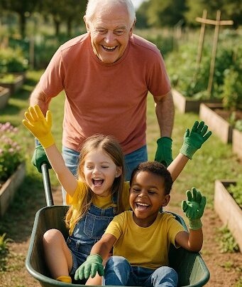 A cheerful elderly man with white hair and a red t-shirt pushes a green wheelbarrow in a garden, in which two young children are sitting. A fair-skinned girl in yellow gloves and blue overalls, and a dark-skinned boy in green gloves and a yellow t-shirt, are both laughing and raising their gloved hands in excitement. Raised garden beds are visible in the background under clear skies, suggesting a sunny day.