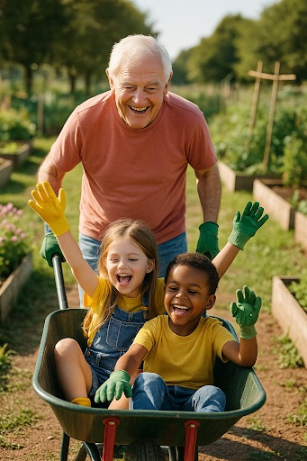 A cheerful elderly man with white hair and a red t-shirt pushes a green wheelbarrow in a garden, in which two young children are sitting. A fair-skinned girl in yellow gloves and blue overalls, and a dark-skinned boy in green gloves and a yellow t-shirt, are both laughing and raising their gloved hands in excitement. Raised garden beds are visible in the background under clear skies, suggesting a sunny day.