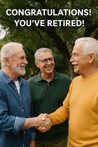 Three older men are gathered outdoors, with two of them shaking hands and smiling warmly at each other, while the third man in the middle looks on and laughs. The man on the left has a white beard and is wearing a denim shirt. The man on the right is wearing a yellow long-sleeved shirt and has a mustache. The man in the middle is wearing a green collared shirt and glasses. Green foliage is blurred in the background. White text at the top of the image reads: "CONGRATULATIONS! YOU'VE RETIRED!"