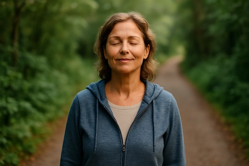 A smiling woman with brown hair, wearing a blue zip-up hoodie over a light-colored t-shirt, stands with her eyes closed, appearing peaceful and reflective. She is in the middle of a dirt path, with lush green trees and foliage blurred in the background, suggesting a serene outdoor environment like a forest or park.