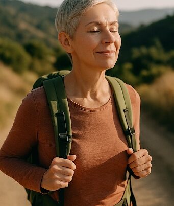 A senior woman with short, light grey hair and a green backpack stands on an outdoor trail, smiling with her eyes closed as if enjoying the sun or fresh air. She wears a rust-colored long-sleeved shirt, and the background shows a blurred, natural landscape with hills and dry vegetation.