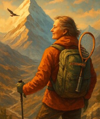 A stylized illustration depicts a smiling senior woman with a backpack, holding a walking stick, looking towards a majestic, snow-capped mountain peak under a warm, cloudy sky. A tennis racket is visible in a side pocket of her backpack, which has "AFTERWOOD" written on it. A bird soars in the sky to the left. The scene suggests adventure and pursuing new passions in later life.